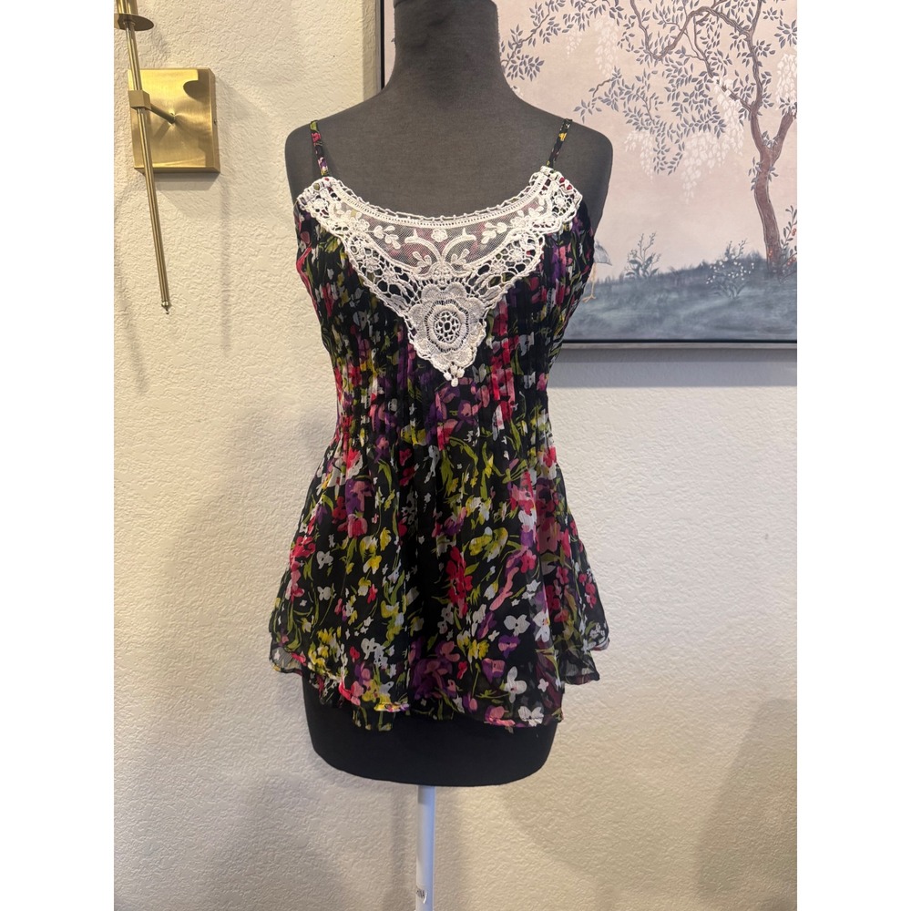Passport Womens Floral Lace Bib Camisole Top Black Multi Color Pleated Medium